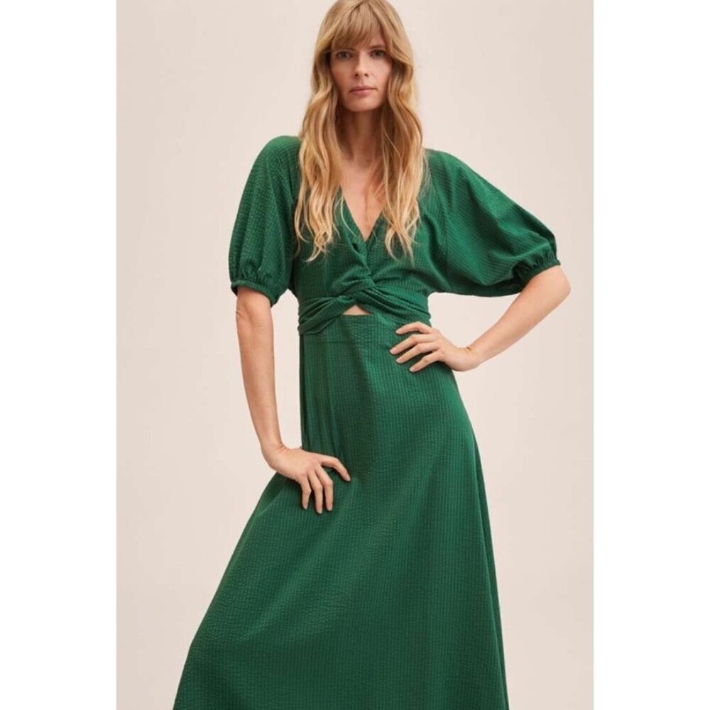 Mango MNG Midi Dress Womens XL Green Striped Boho Puff Sleeve Twist Wrap Tie - Picture 2 of 14